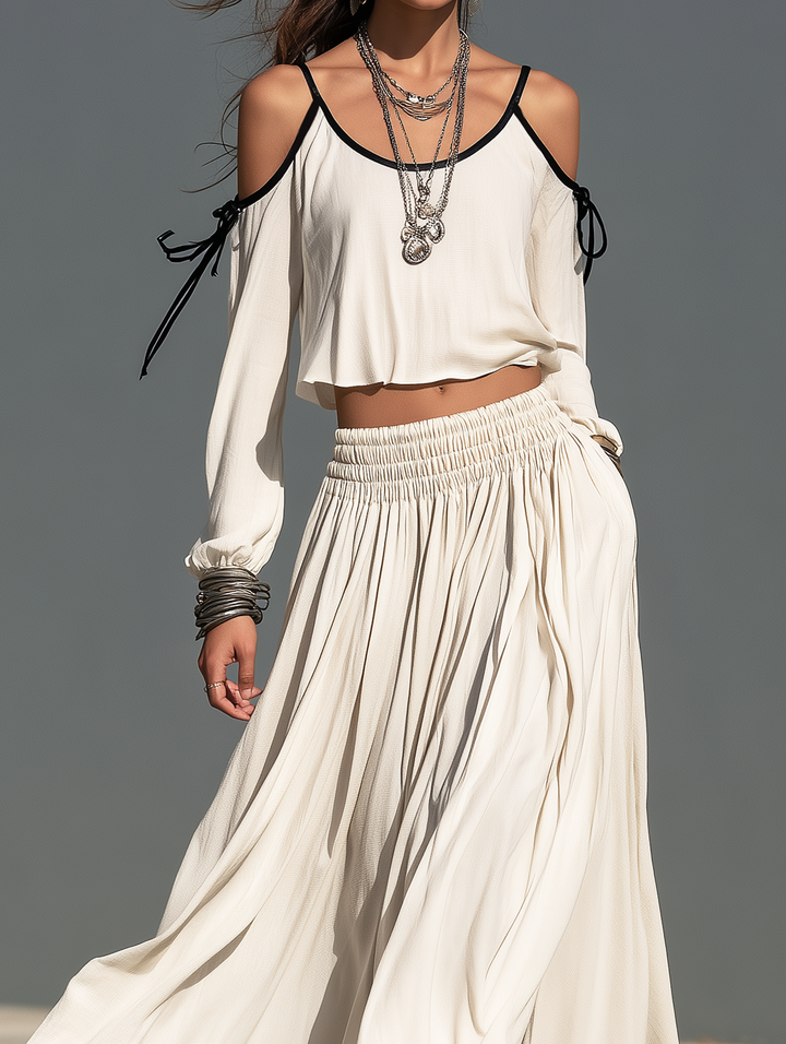 Women's Casual White Woven Long-Sleeve Camisole Top And Skirt Two-Piece Set MDZ3167H5LXY