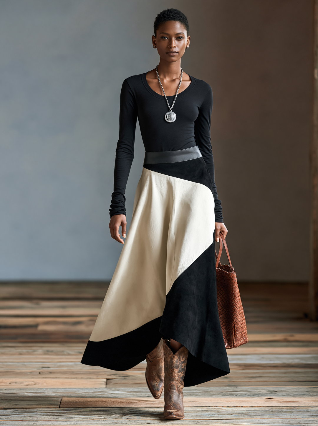 Women's Vintage Long-Sleeve T-Shirt And Faux Suede & Faux Leather Paneled Skirt Set MDZ3156H5WY