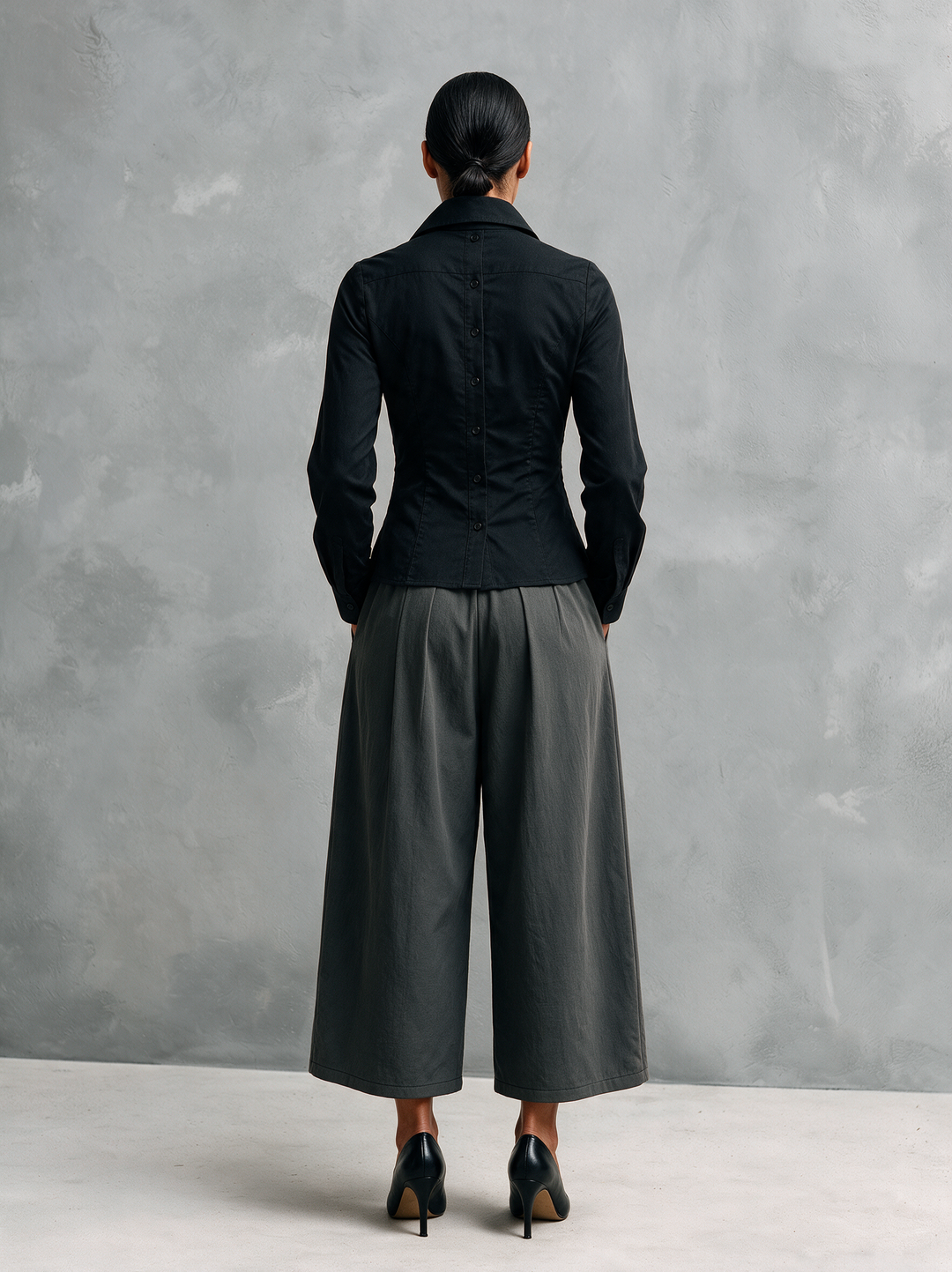 Women's Casual Black Woven Shirt And Grey Woven Trousers Two-Piece Set MDZ3169H7LXY