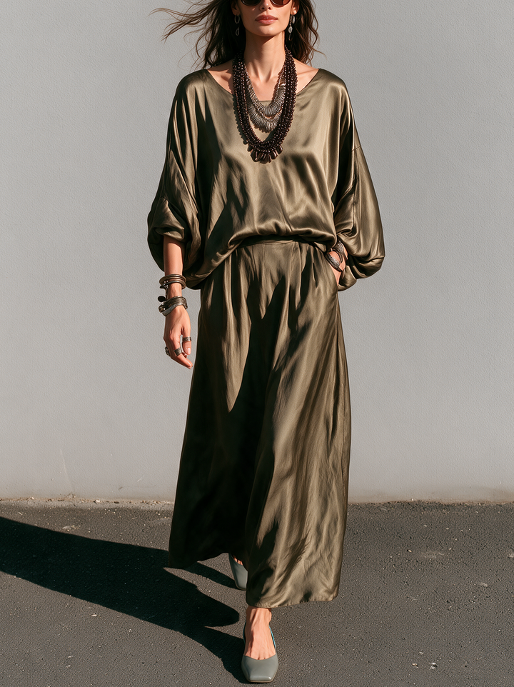 Women's Casual Olive Green Satin Long-Sleeve Top And Trousers Two-Piece Set MDZ0144I4LXY