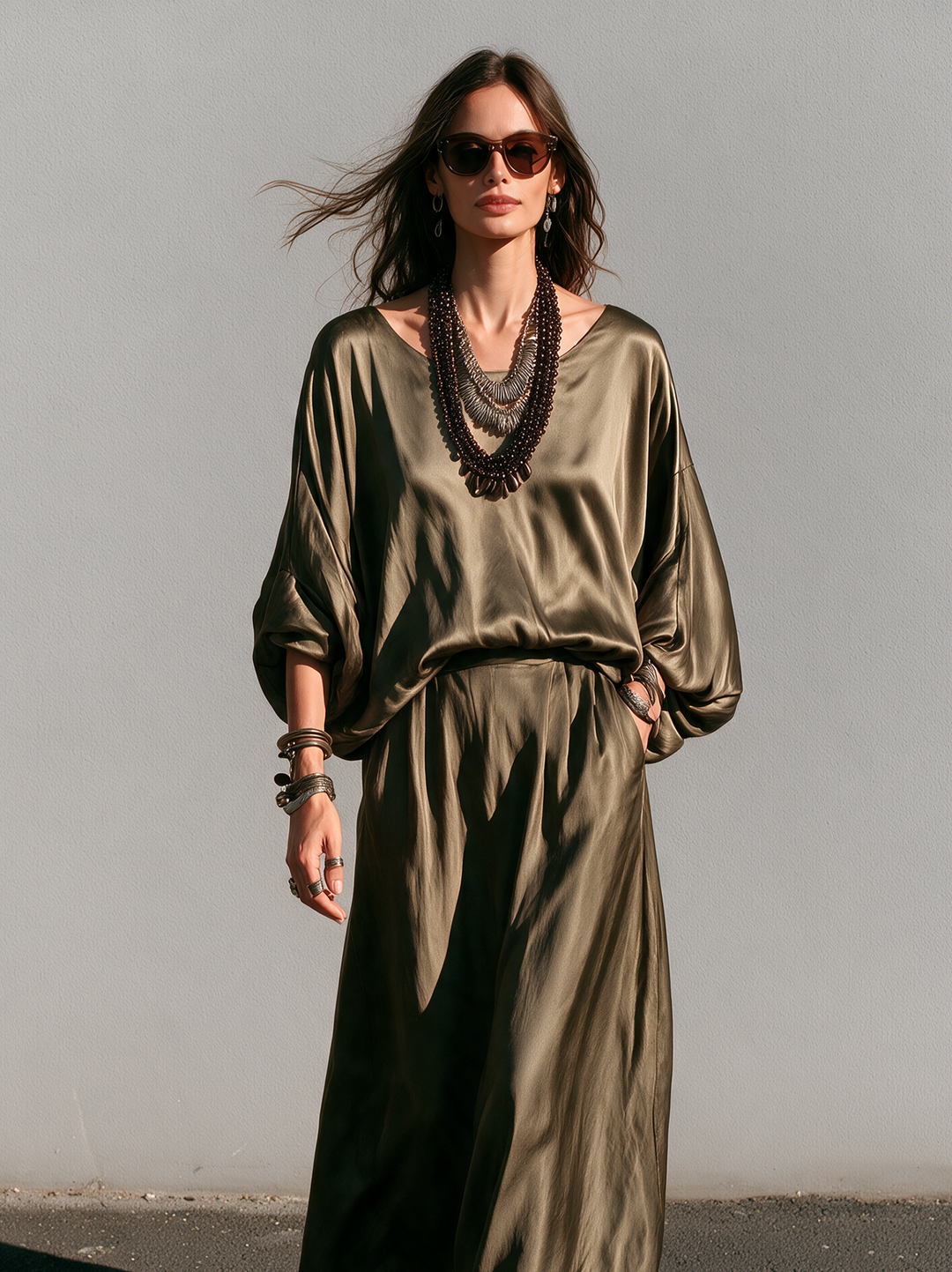 Women's Casual Olive Green Satin Long-Sleeve Top And Trousers Two-Piece Set MDZ0144I4LXY