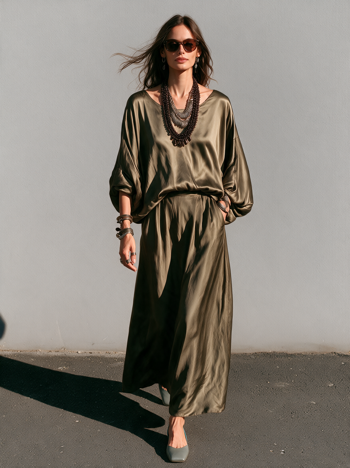 Women's Casual Olive Green Satin Long-Sleeve Top And Trousers Two-Piece Set MDZ0144I4LXY