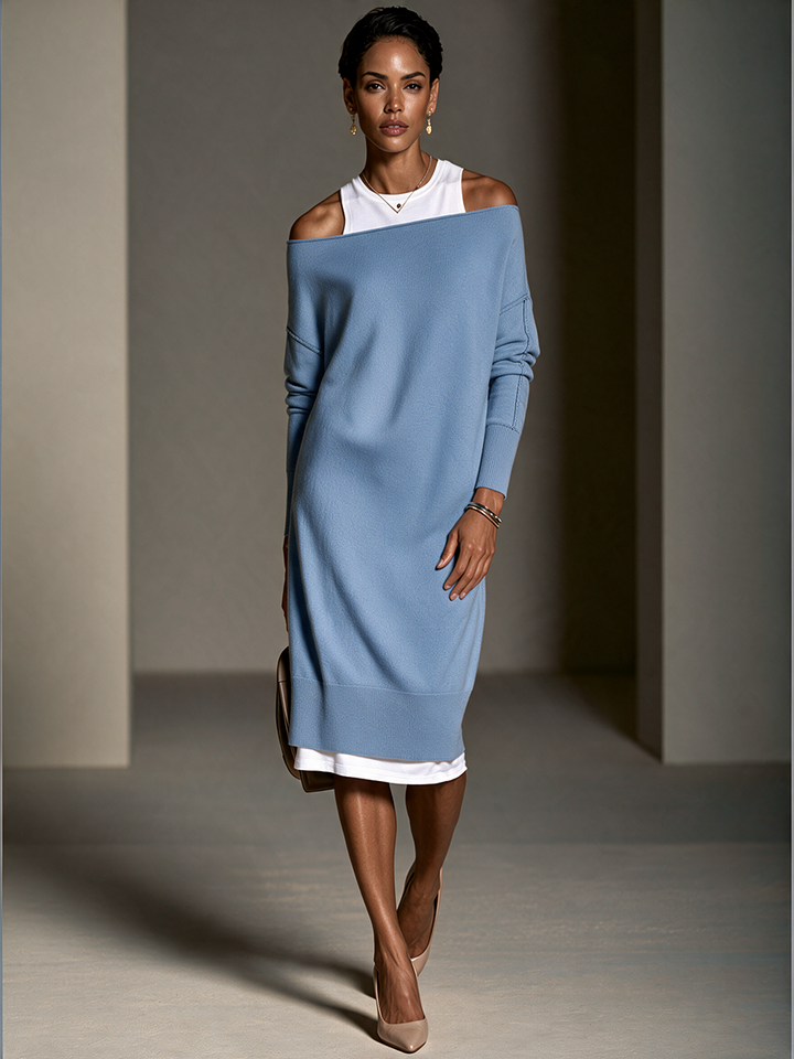 Women's Contrast Faux-Layered Elegant Knit Midi Dress MDZ0274I3GMJ