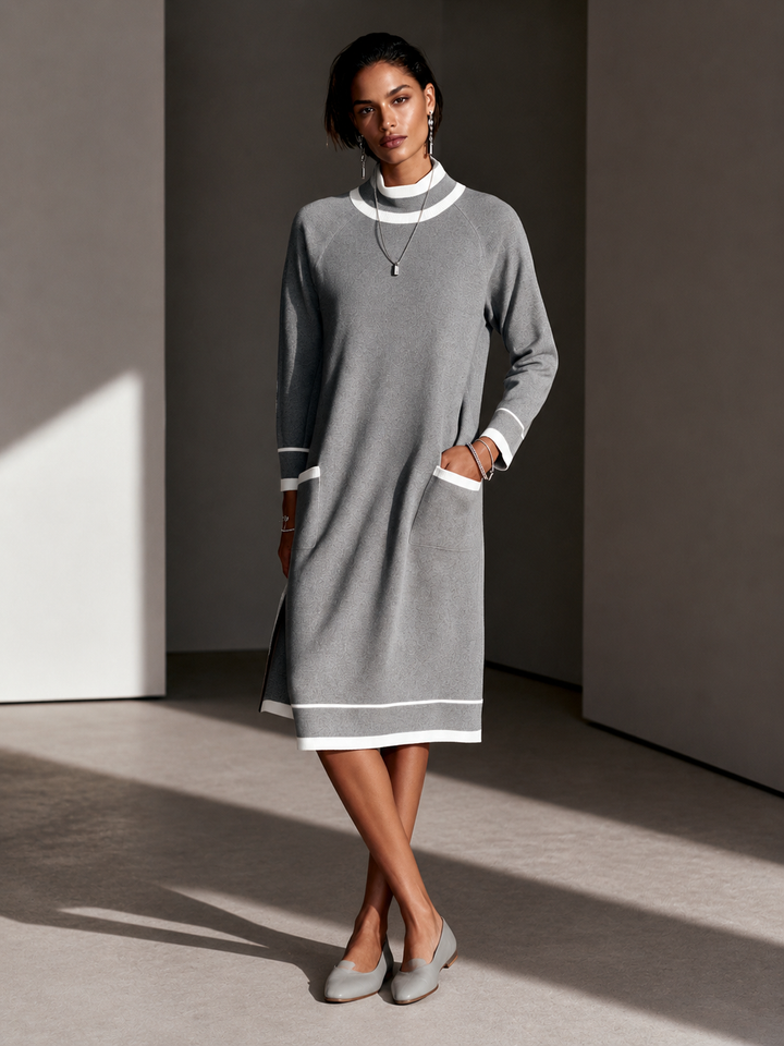 Vestido midi de cuello alto elegante de punto con bloques de color para mujer MDZ0282I0GMJ