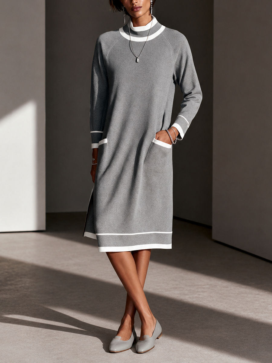 Vestido midi de cuello alto elegante de punto con bloques de color para mujer MDZ0282I0GMJ