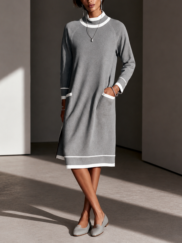 Vestido midi de cuello alto elegante de punto con bloques de color para mujer MDZ0282I0GMJ