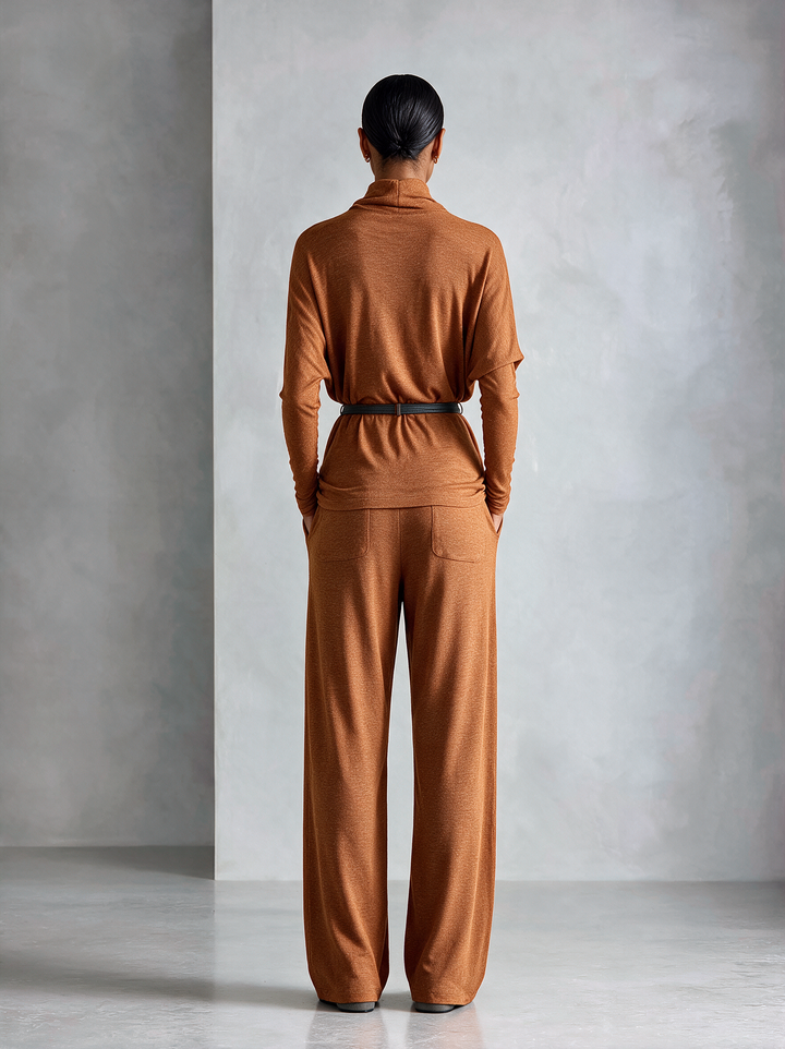 Women's Turtleneck Relaxed‑Fit Knit Top & Draping Wide‑Leg Trousers Set MDZ0238I7R