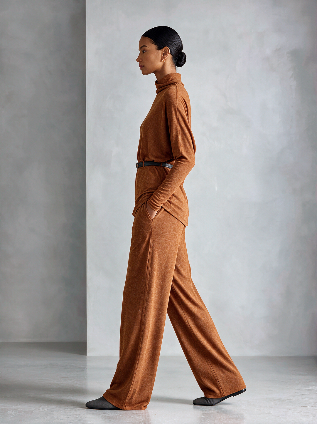 Women's Turtleneck Relaxed‑Fit Knit Top & Draping Wide‑Leg Trousers Set MDZ0238I7R