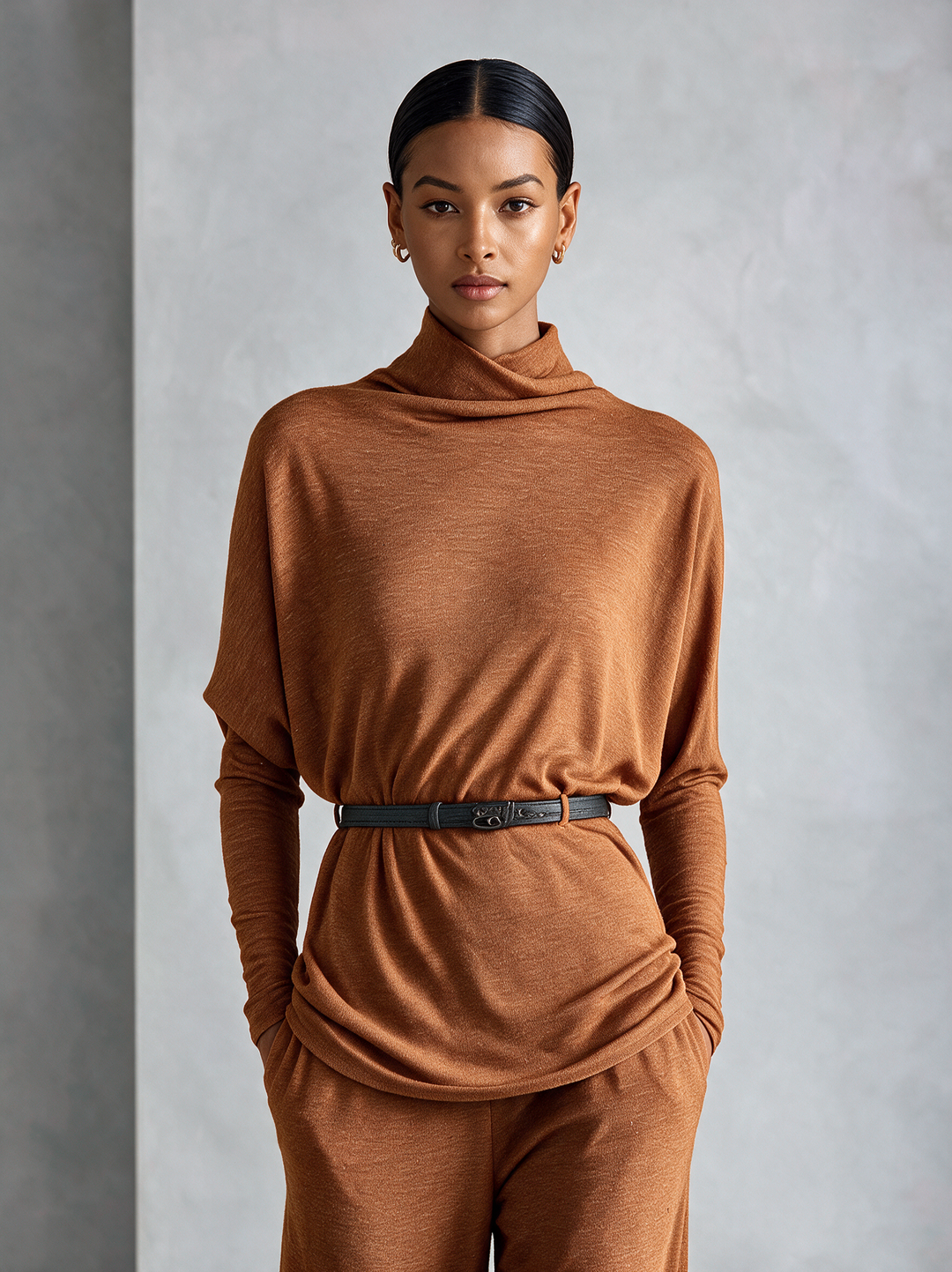 Women's Turtleneck Relaxed‑Fit Knit Top & Draping Wide‑Leg Trousers Set MDZ0238I7R
