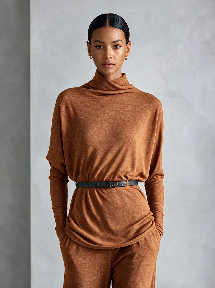 Women's Turtleneck Relaxed‑Fit Knit Top & Draping Wide‑Leg Trousers Set MDZ0238I7R
