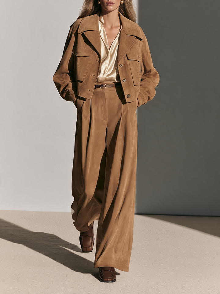 Women's Collared Single-Breasted Drop-Shoulder Long-Sleeve Cropped Jacket And High-Waisted Wide-Leg Pants Set MDZ0202I9CMX