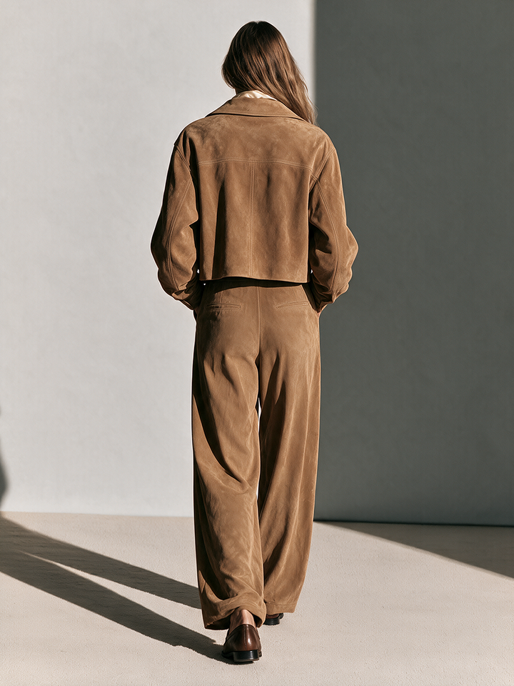 Women's Collared Single-Breasted Drop-Shoulder Long-Sleeve Cropped Jacket And High-Waisted Wide-Leg Pants Set MDZ0202I9CMX