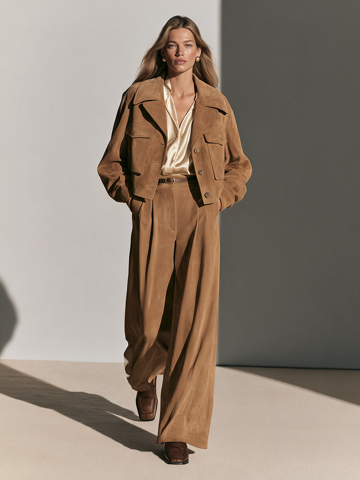Women's Collared Single-Breasted Drop-Shoulder Long-Sleeve Cropped Jacket And High-Waisted Wide-Leg Pants Set MDZ0202I9CMX