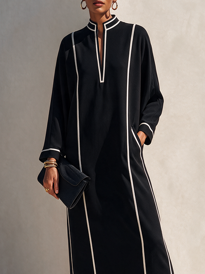 Vestido largo de mezcla de algodón para mujer con cuello alto y ribetes en contraste MDZ0214I2ZRK