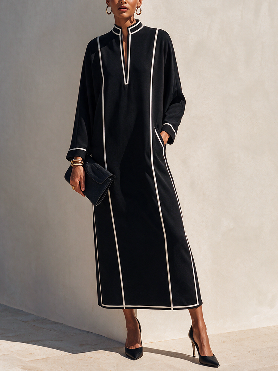 Vestido largo de mezcla de algodón para mujer con cuello alto y ribetes en contraste MDZ0214I2ZRK
