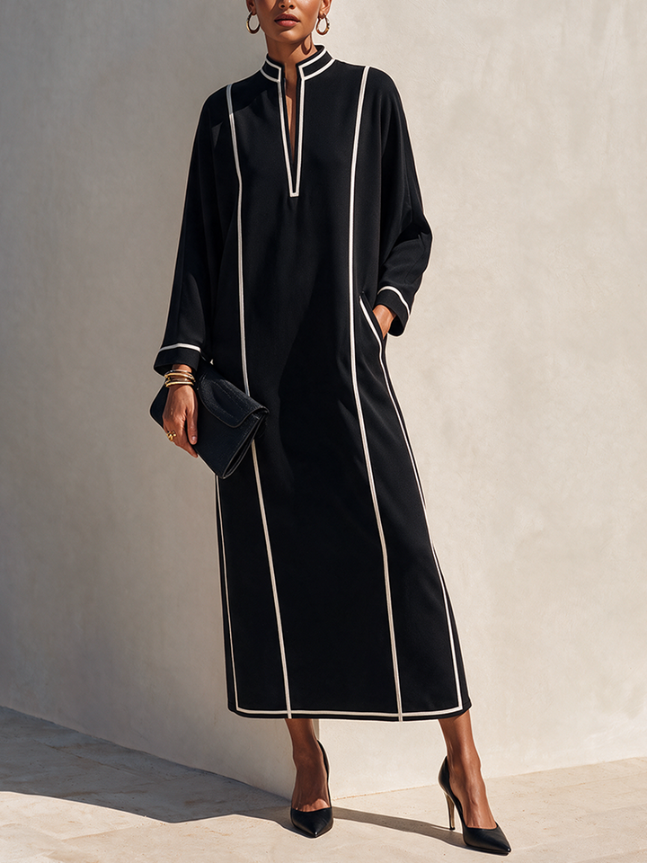 Vestido largo de mezcla de algodón para mujer con cuello alto y ribetes en contraste MDZ0214I2ZRK
