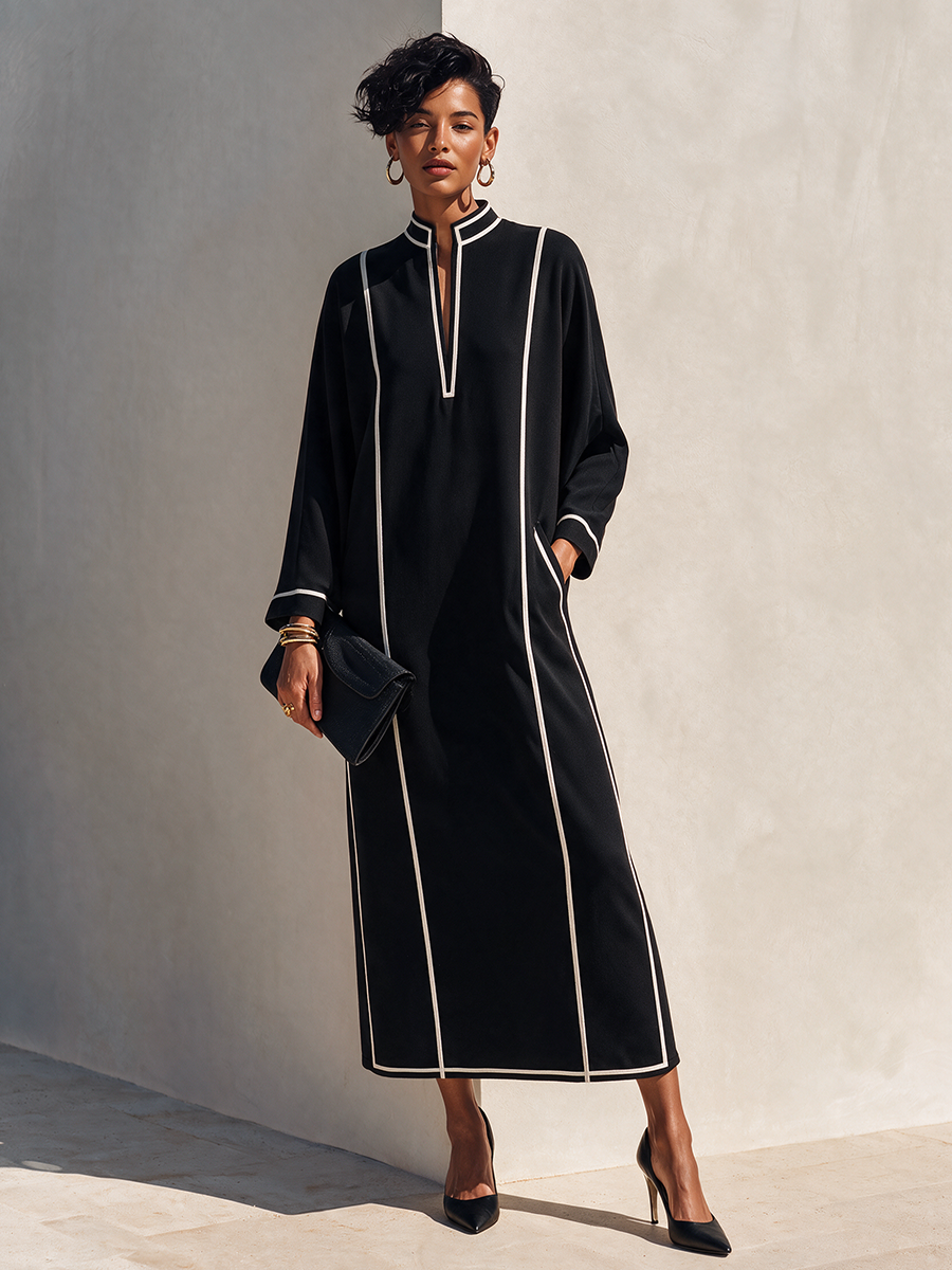 Vestido largo de mezcla de algodón para mujer con cuello alto y ribetes en contraste MDZ0214I2ZRK