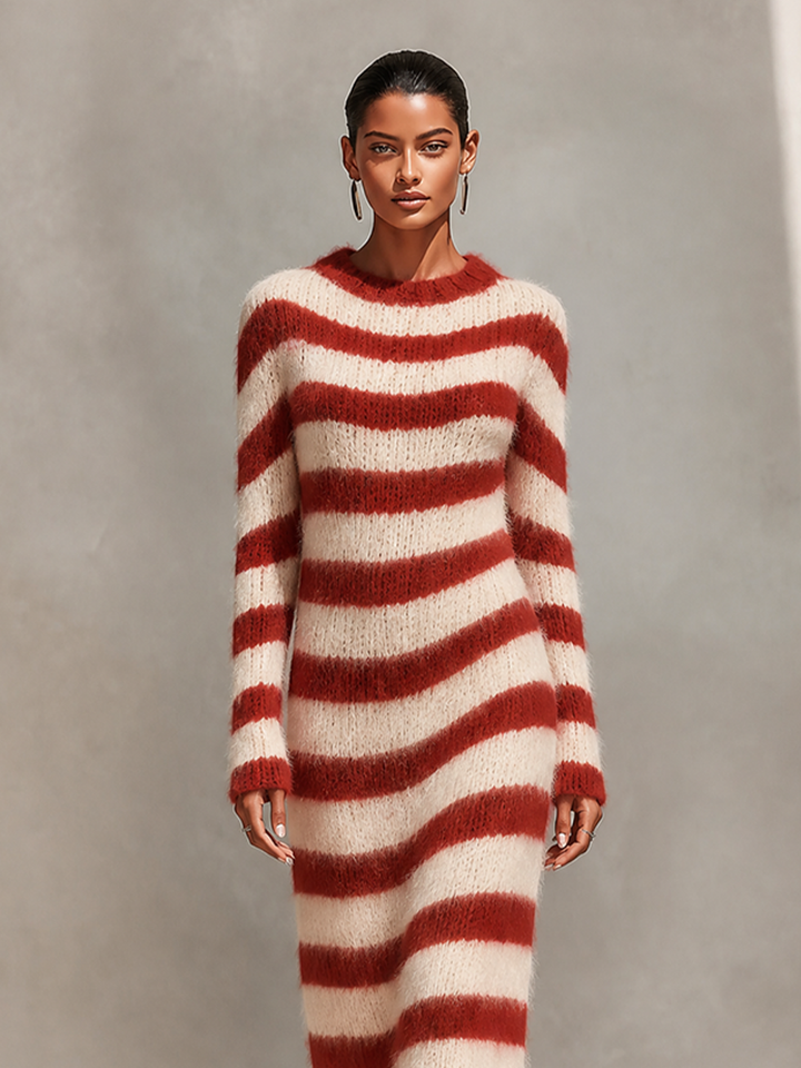 Vestido de punto de cuello redondo a rayas para mujer para uso diario en otoño MDZ0223I7LYL