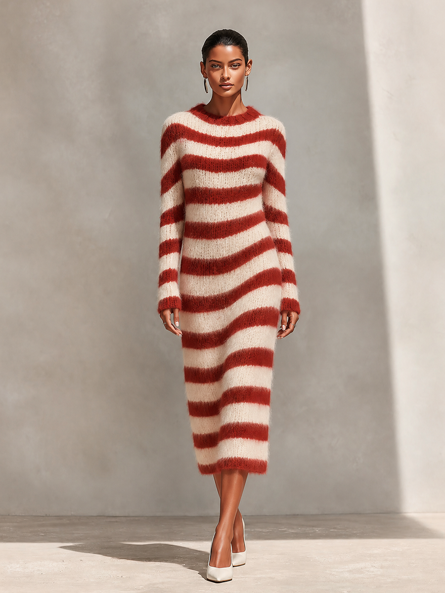 Vestido de punto de cuello redondo a rayas para mujer para uso diario en otoño MDZ0223I7LYL