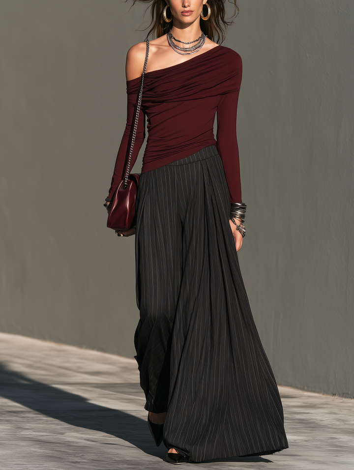 Conjunto de dos piezas de top asimétrico de punto elástico color burdeos elegante y pantalón tejido negro para mujer MDZ0200I2LXY