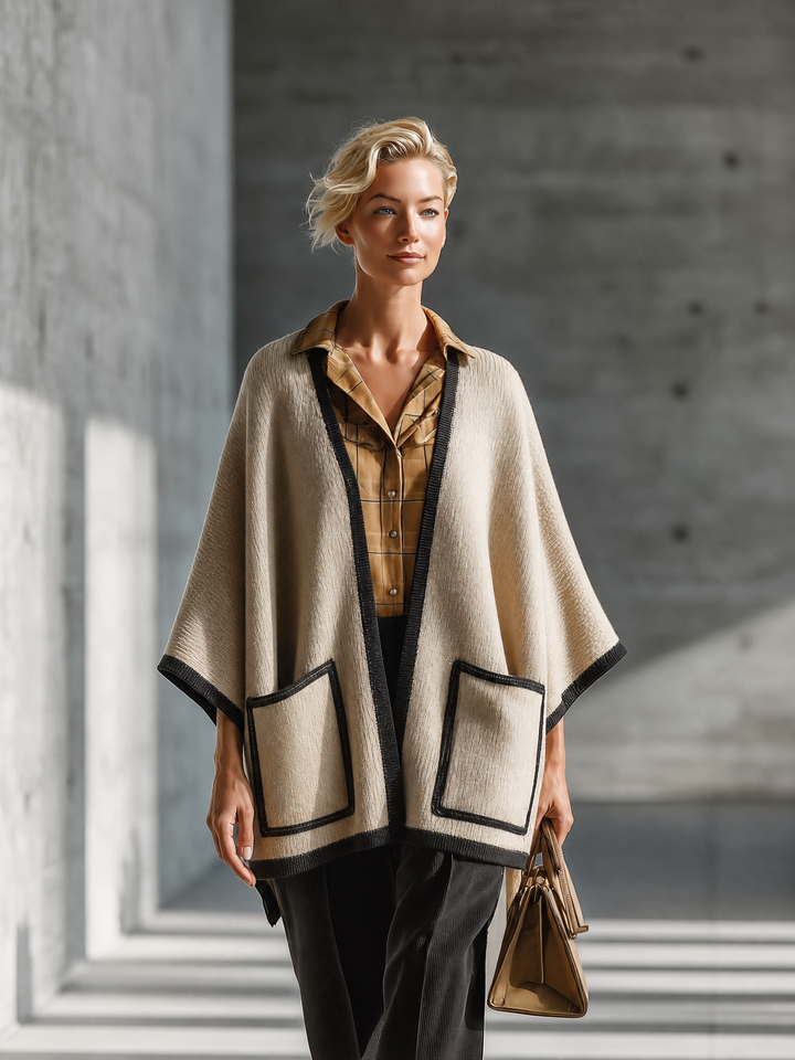 Women's Contrast Trim Pocket Beige Cardigan MDZ0345I9YZJ