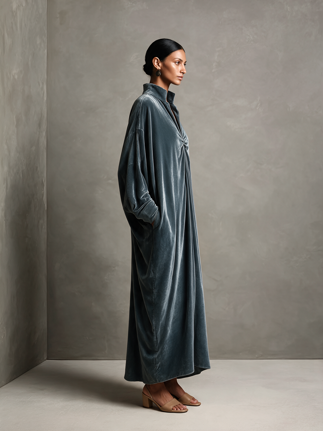 Women's Dusty Blue Stand‑Collared Twist‑Knot Oversized Velvet Maxi Dress MDZ0335I5R
