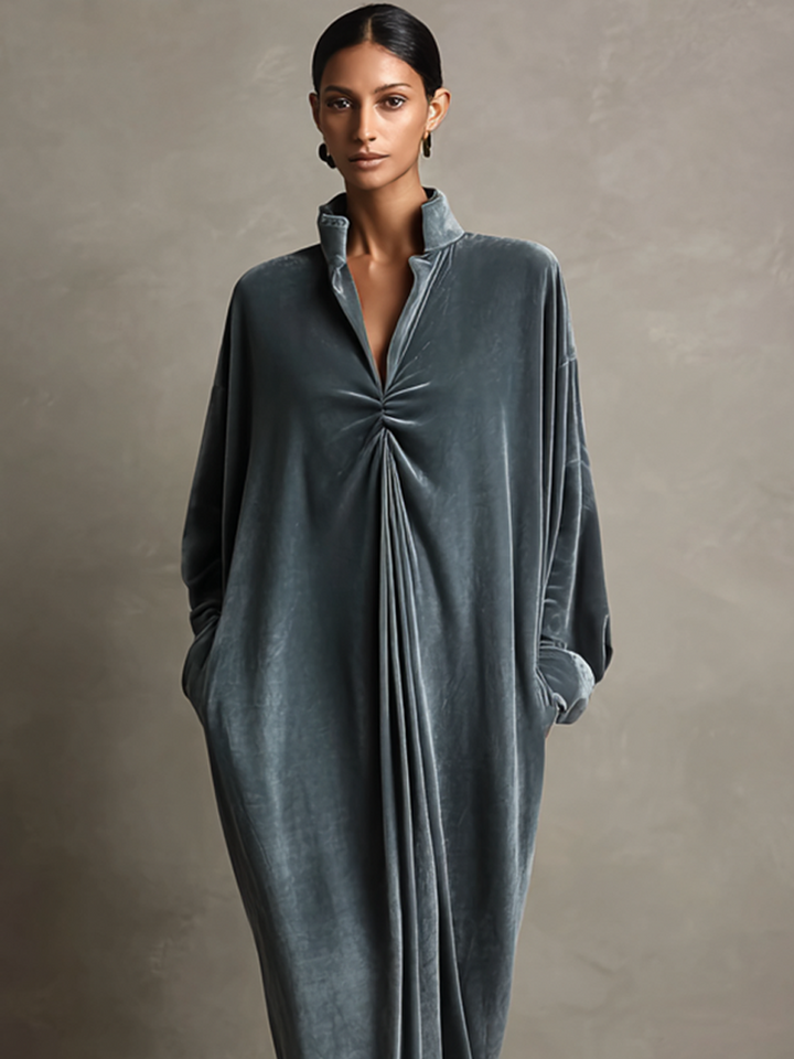 Women's Dusty Blue Stand‑Collared Twist‑Knot Oversized Velvet Maxi Dress MDZ0335I5R