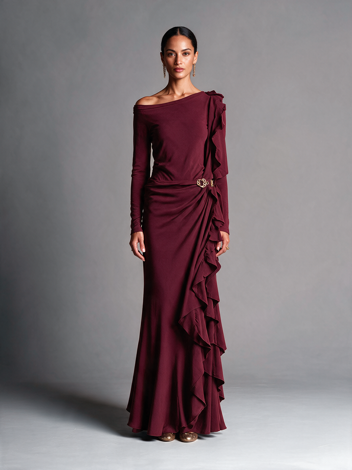 Women's Burgundy One‑Shoulder Ruffle Velvet Mermaid Evening Gown MDZ0390I1R