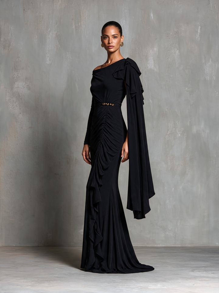Women's Black One‑Shoulder Sash Ruched Mermaid Evening Gown MDZ0350I1R