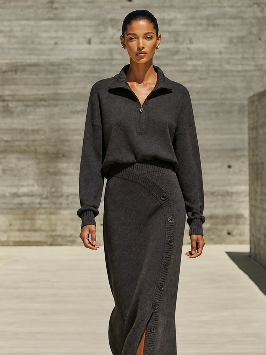 Women's Half‑Zip Knit Two‑Piece Set For Fall Office MDZ0382I4LYL