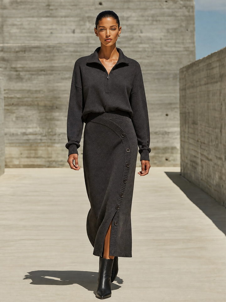 Women's Half‑Zip Knit Two‑Piece Set For Fall Office MDZ0382I4LYL
