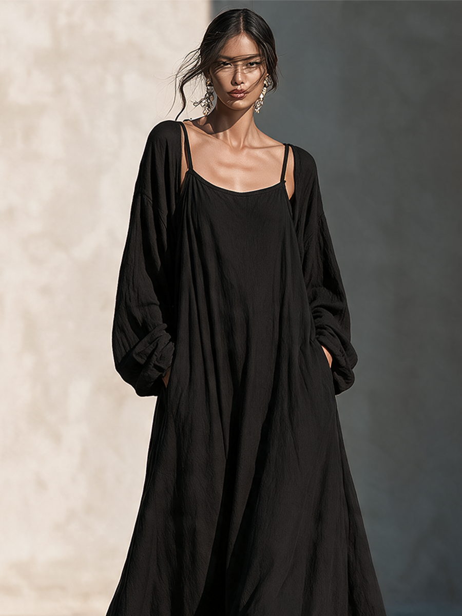 Vestido maxi de lino fluido falso de dos piezas para vacaciones MDZ0365I7LYL