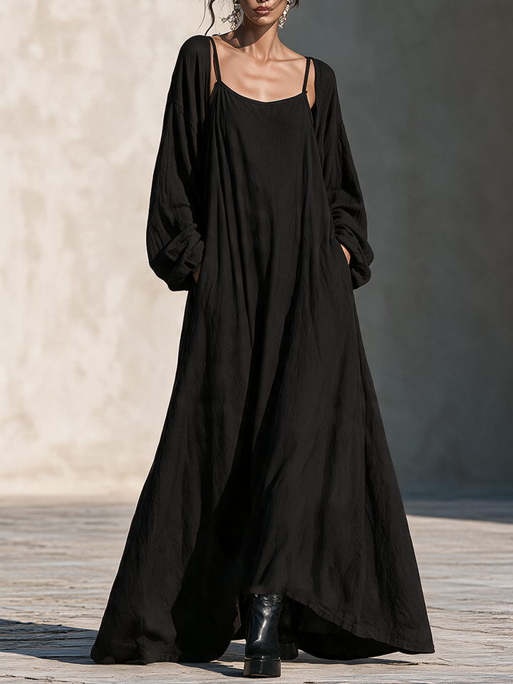 Vestido maxi de lino fluido falso de dos piezas para vacaciones MDZ0365I7LYL