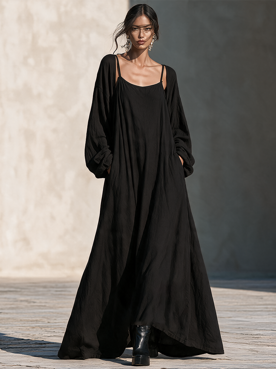 Vestido maxi de lino fluido falso de dos piezas para vacaciones MDZ0365I7LYL