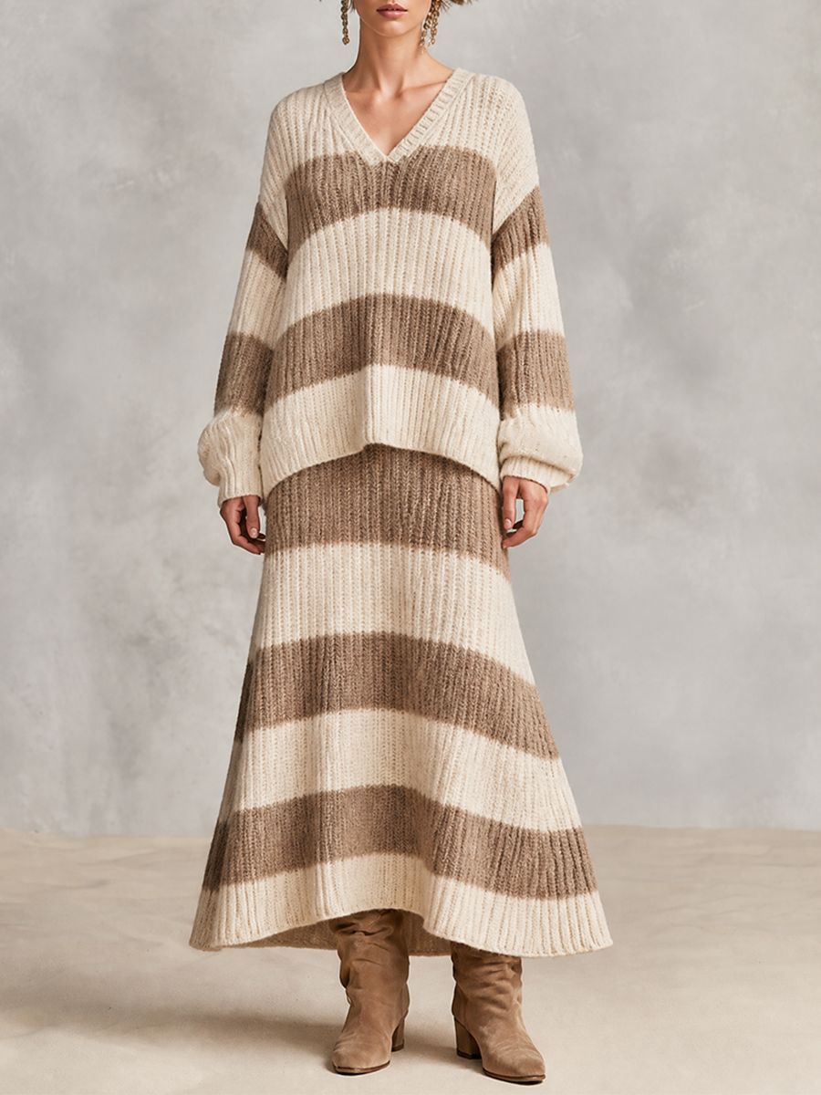 Women's Oversized Striped Ribbed Knit Set For Fall Daily MDZ0349I1LYL