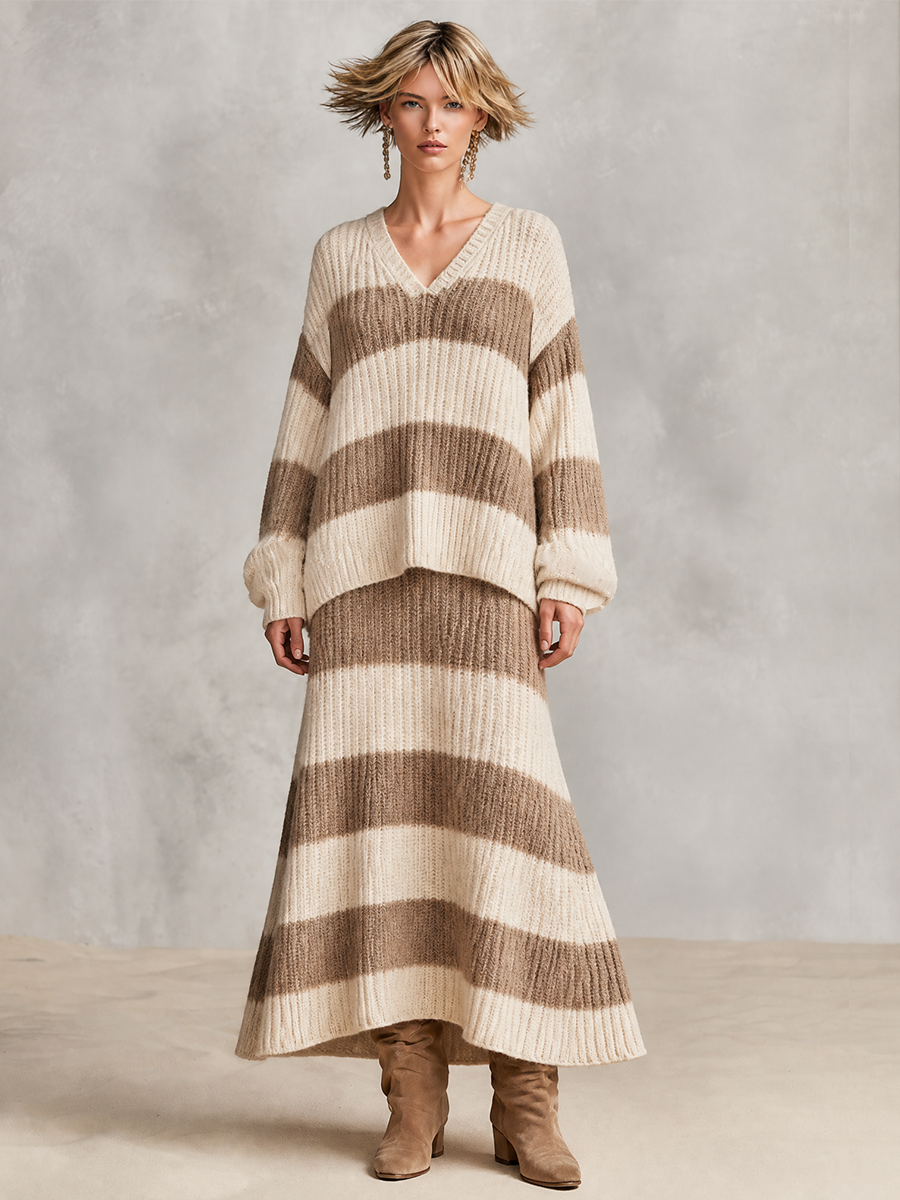 Women's Oversized Striped Ribbed Knit Set For Fall Daily MDZ0349I1LYL