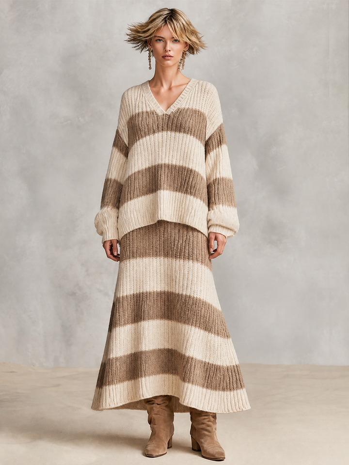 Women's Oversized Striped Ribbed Knit Set For Fall Daily MDZ0349I1LYL