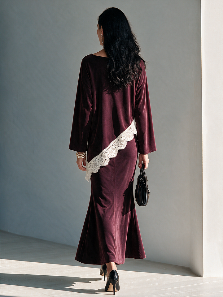 Women's Elegant Lace-Trimmed Burgundy Knit Skirt Set MDZ0325I5ZRK