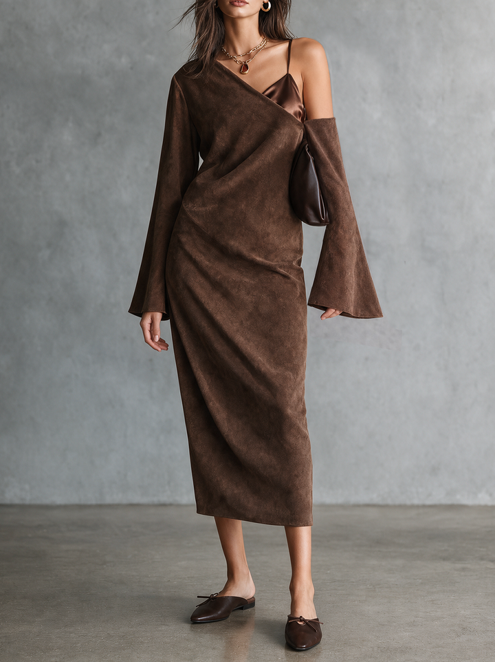 Vestido Elegante de Ante para Mujer con Corsé de Satén y Detalle de Un Hombro MDZ0300I4WY