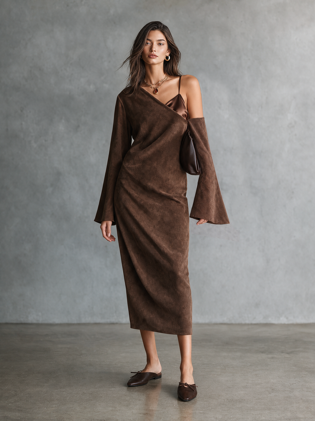 Vestido Elegante de Ante para Mujer con Corsé de Satén y Detalle de Un Hombro MDZ0300I4WY