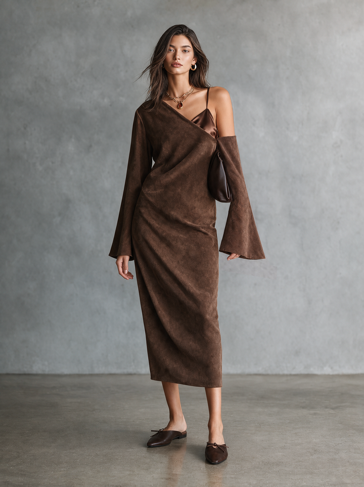 Vestido Elegante de Ante para Mujer con Corsé de Satén y Detalle de Un Hombro MDZ0300I4WY