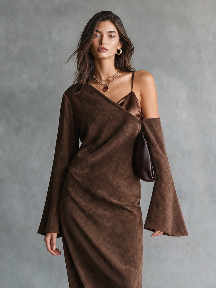 Vestido Elegante de Ante para Mujer con Corsé de Satén y Detalle de Un Hombro MDZ0300I4WY