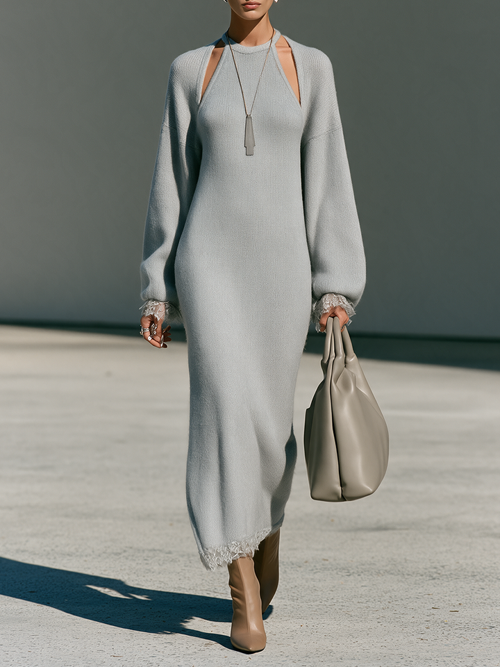 Women's Round-Neck Cutout Drop-Shoulder Balloon-Sleeve Lace-Trim Wool-Knit Maxi Dress MDZ0194I3CMX