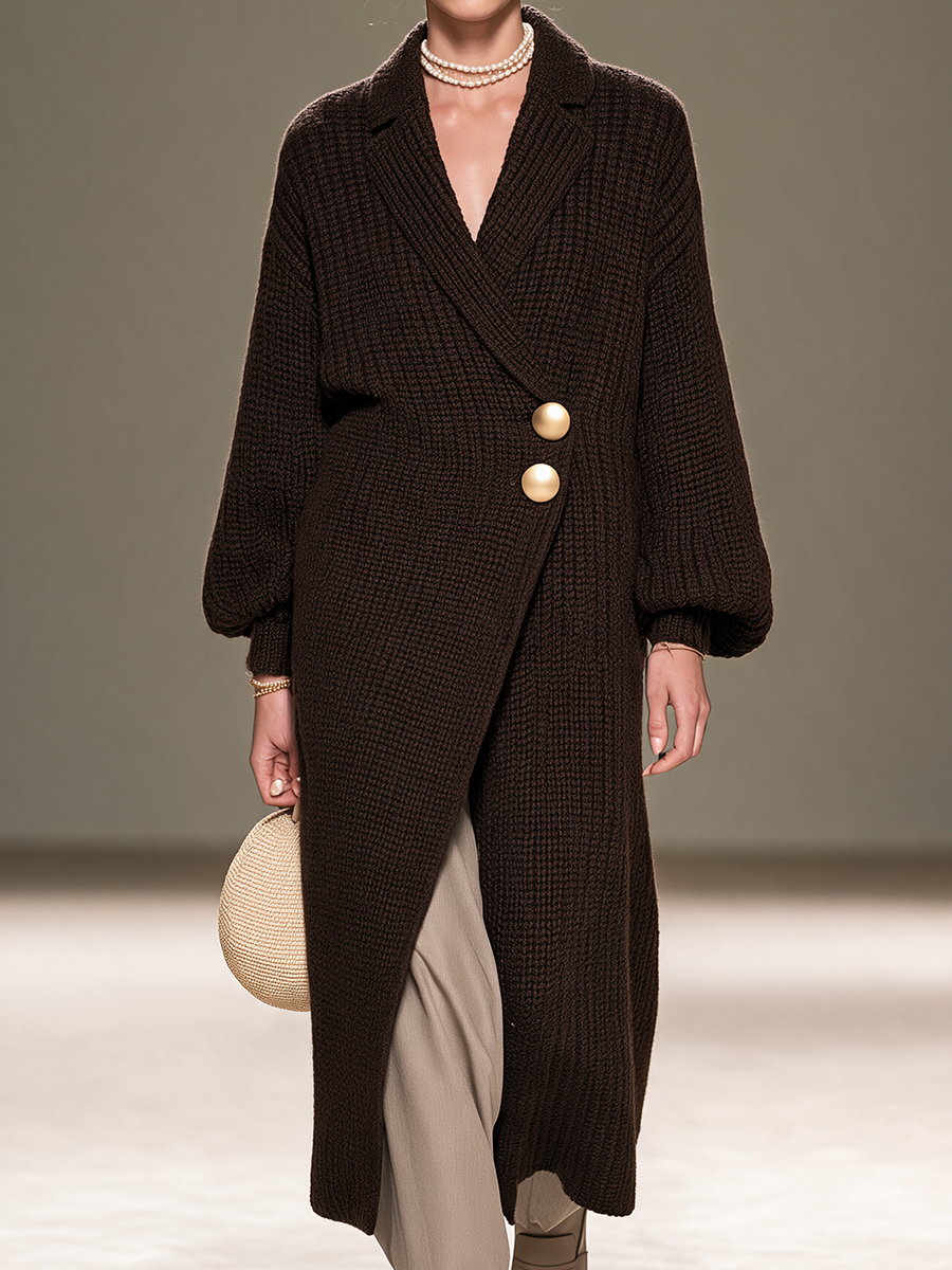 Women's Peak-Lapel Two-Button Drop-Shoulder Balloon-Sleeve Wool-Knit Long Coat MDZ0170I0CMX