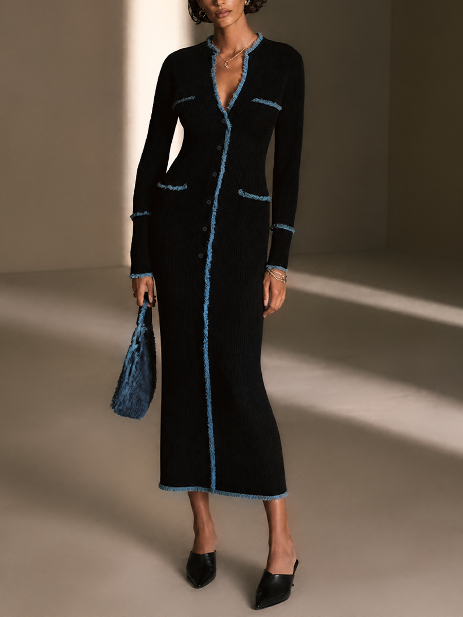 Vestido largo elegante con cuello en V, desflecado en contraste, para mujer MDZ0335I4GMJ