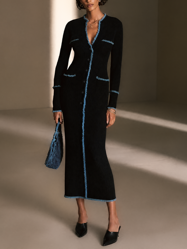 Vestido largo elegante con cuello en V, desflecado en contraste, para mujer MDZ0335I4GMJ