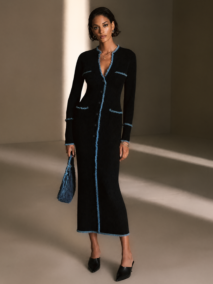 Vestido largo elegante con cuello en V, desflecado en contraste, para mujer MDZ0335I4GMJ