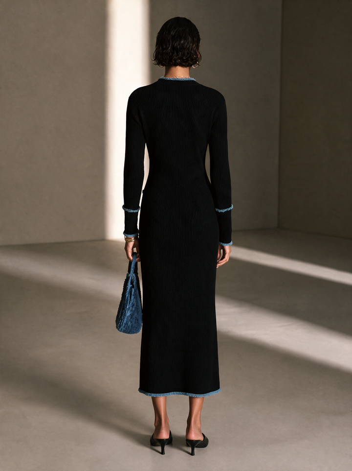 Vestido largo elegante con cuello en V, desflecado en contraste, para mujer MDZ0335I4GMJ