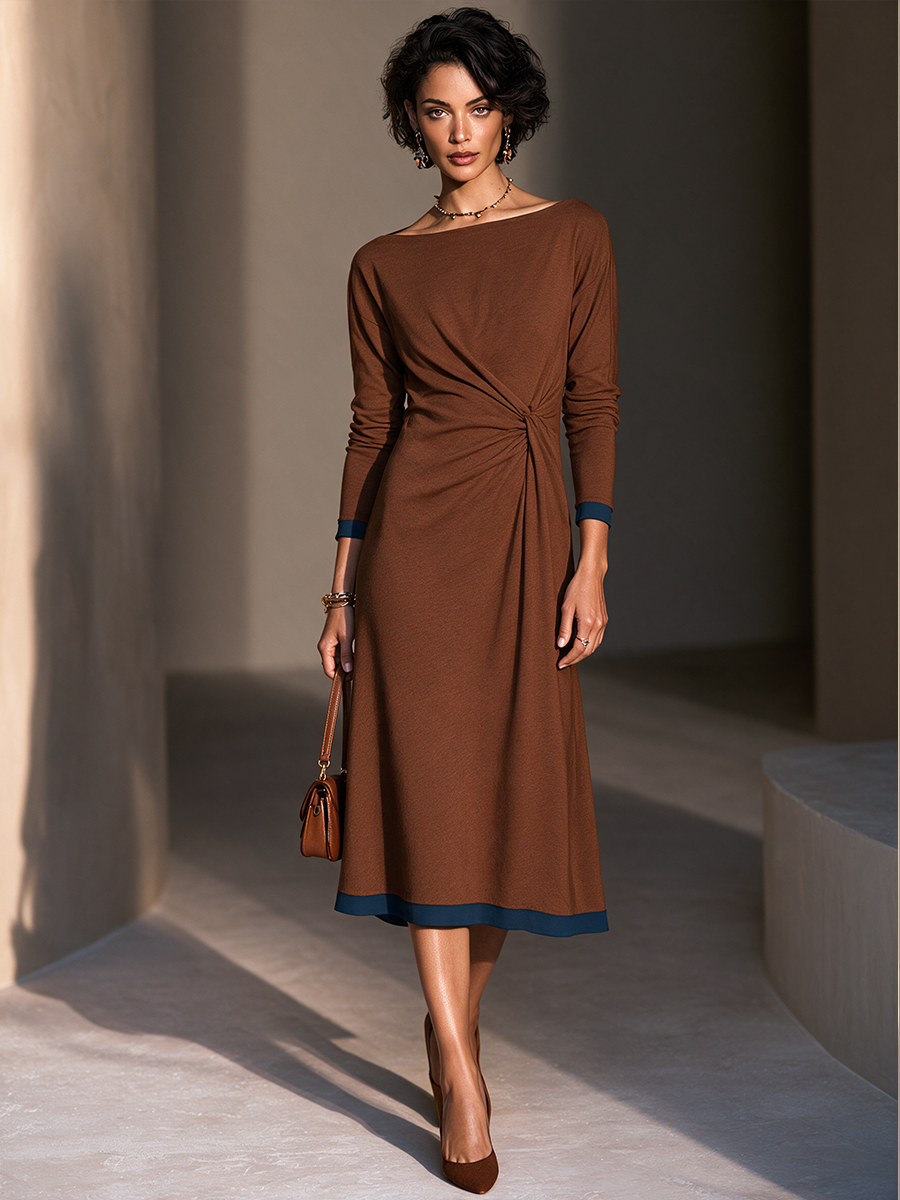 Vestido midi elegante con cuello barco y contraste, nudo torcido para mujer MDZ0330I7GMJ