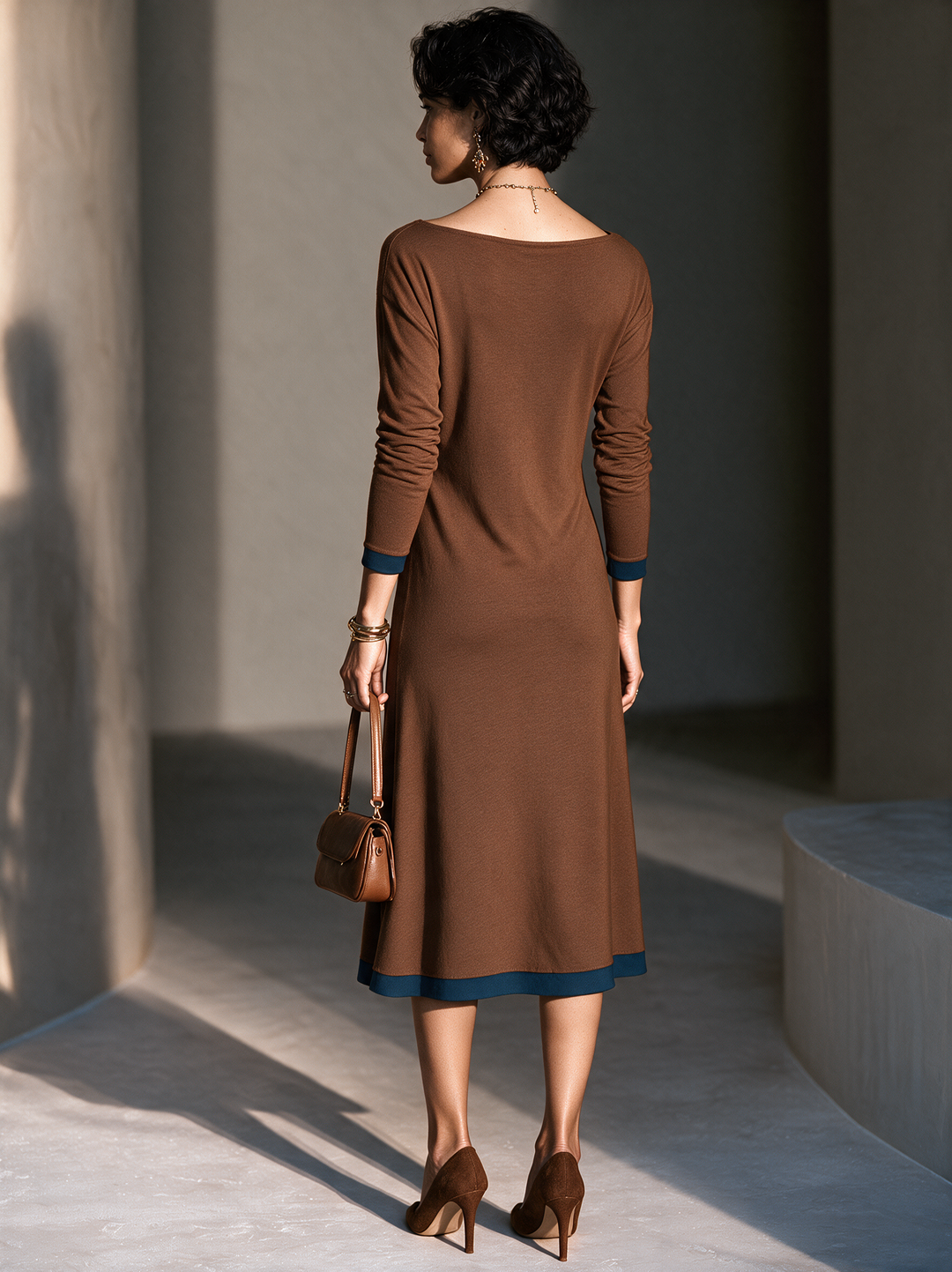 Vestido midi elegante con cuello barco y contraste, nudo torcido para mujer MDZ0330I7GMJ